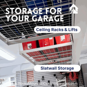 Ceiling racks and slatwall wall storage in garage