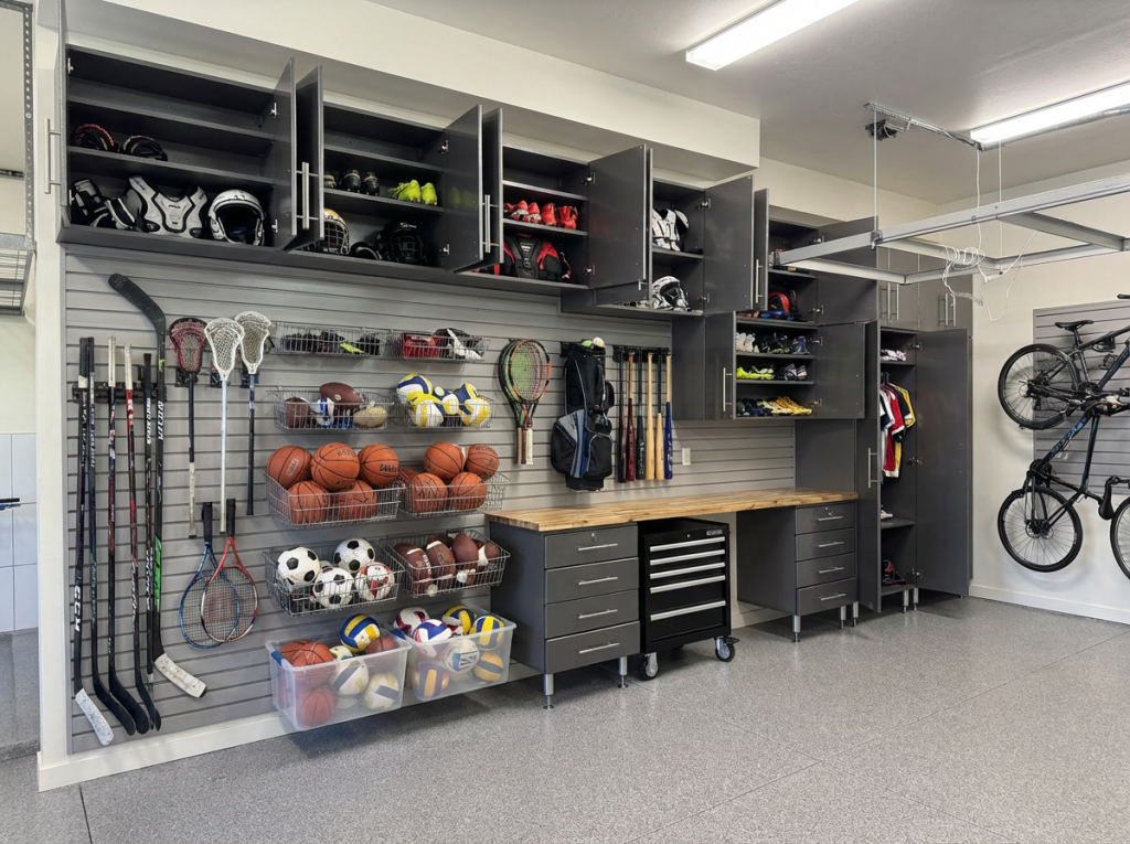 Organized sports equipment storage for any Highlands Ranch home garage with slatwall and cabinets